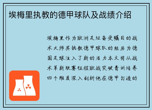 埃梅里执教的德甲球队及战绩介绍
